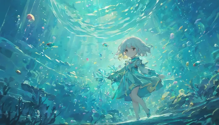 Undersea juvenile silver-haired shell house，Short white hair baby boy，Colorful bubbles，A plant，Glowing small fish，Sparkling，ocean floor，