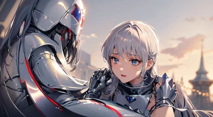 tmasterpiece，Best quality，Super fine illustration,The guard, dressed in silver armor and wearing a helmet, rested his hand on the shoulder of a beautiful woman，