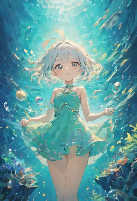 Undersea juvenile silver-haired shell house，Girl with short white hair，Flying strands of hair，Colorful bubbles，A plant，Sparkling，ocean floor，( reasonable design, Clear lines, High sharpness,Best quality, Very detailed, Masterpiece, movie light effect, 4K )