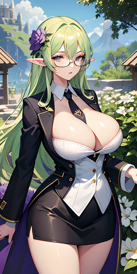 big tits, Detailed eyes, detailed face, perfect anatomy, perfect proportion, 1women, solo,  closed clothes, elf, blonde green hair, (( violet eyes)), cool face, round glasses, white coat, black short skirt, white business suit, nectie, half body, flower, a...