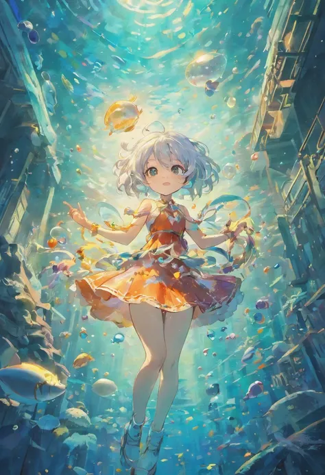 Undersea juvenile silver-haired shell house，Girl with short white hair，Flying strands of hair，Colorful bubbles，A plant，Sparkling，ocean floor，( reasonable design, Clear lines, High sharpness,Best quality, Very detailed, Masterpiece, movie light effect, 4K )