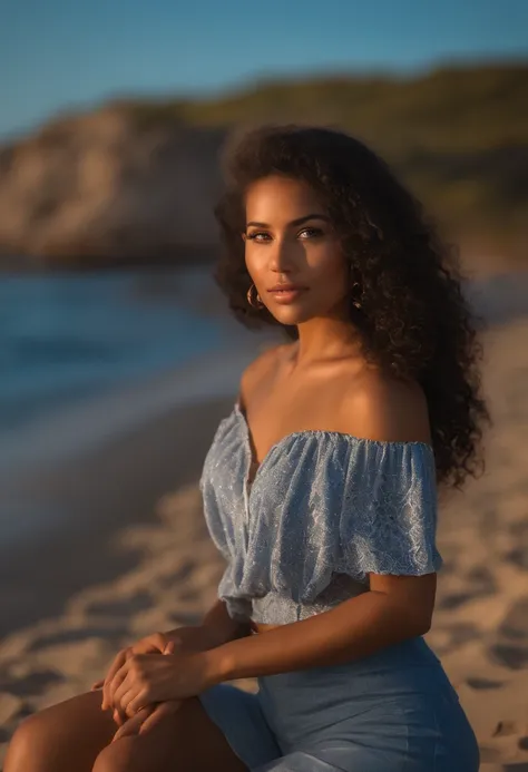 ultra-realistic, 4k, foto profissional, Menina de 22 anos, menina negra, cabelo cacheado grande, HDR, Rosto detalhado, midle body, saia amarela com flor, (camisa azul aberta), master part, (The lighting), (1Apenas), Fundo da praia, realistic background, Re...