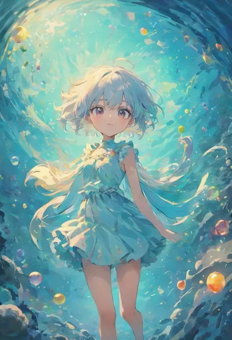 Bottom juvenile silver-haired shell house，Girl with short white hair，sideface，Flying strands of hair，Colorful bubbles，A plant，Sparkling，ocean floor，( reasonable design, Clear lines, High sharpness,Best quality, Very detailed, Masterpiece, movie light effec...