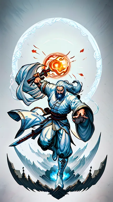 Digital illustration art，Heroes of ancient China，Has long white hair and a long beard，Handsome，thick white eyebrows, White robe and leather boots，(((Step on the iron sword)))，Big eyes，Super fit，kung fu pose，raiden，Greatwave，Fire，((Ghosted background))