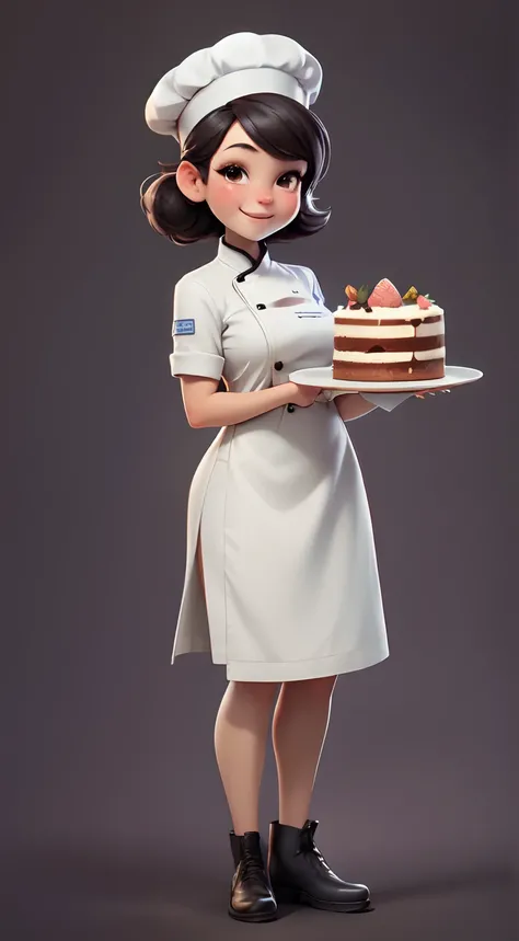 Full body portrait of a female chef，happy, Wear chef attire，holding a plate with a cake，with a chefs hat，Cartoon image, simple background