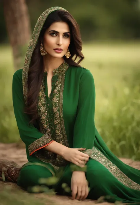 Super-realistic full-length Fashion photoshoot of a Pakistani fashion model woman, perfect face, perfect nose, perfect eyes, perfect lips, with dark brown hair, wearing (medium green floral) cotton Pakistani summer modest lawn dress (shirt shalwar), wearin...