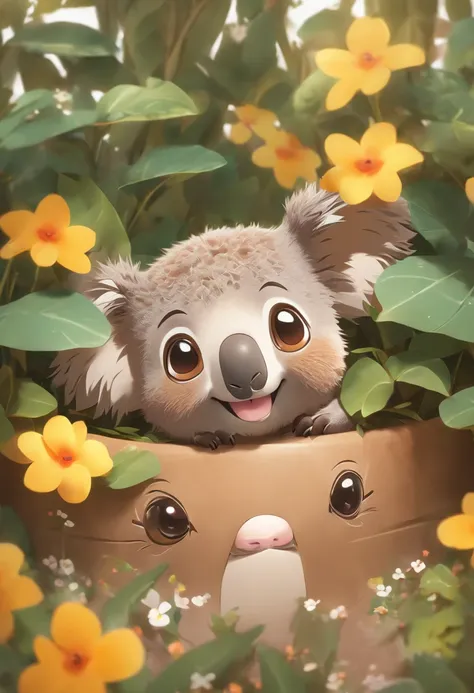 koala、Kangagaroo、platypus、emu、Cute lying on the stomach in a flower pot，Has big eyes，Blushlush，lazy，greet，high detal