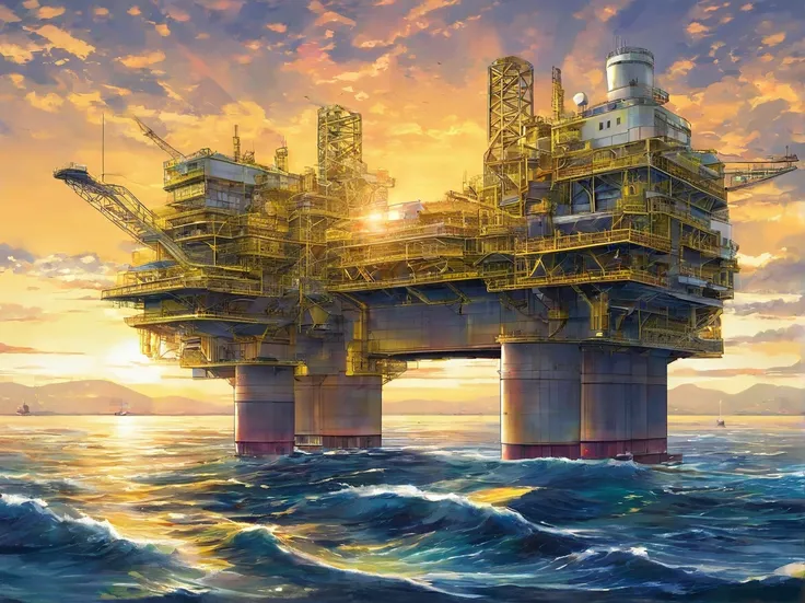 photorealestic，Haiji-1, A yellow offshore oil and gas platform sits on the surface, Panoramic view, and the sun was shining brightly, (Masterpiece)