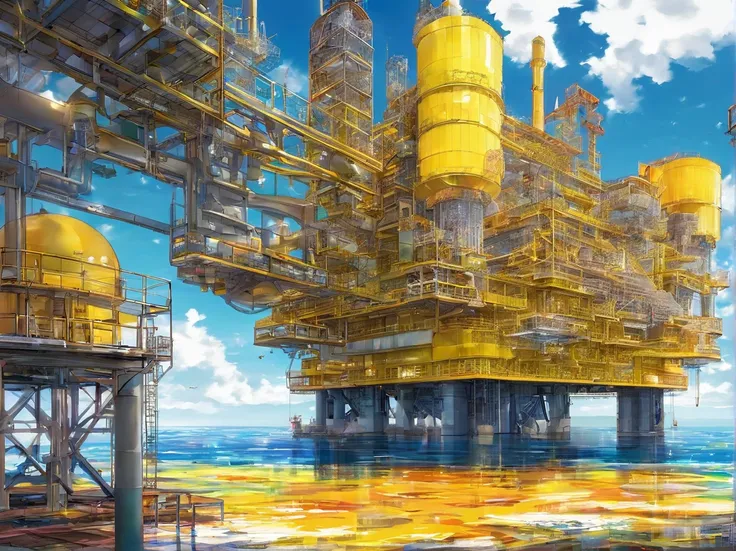 photorealestic，Haiji-1, A yellow offshore oil and gas platform sits on the surface, Panoramic view, and the sun was shining brightly, (Masterpiece)