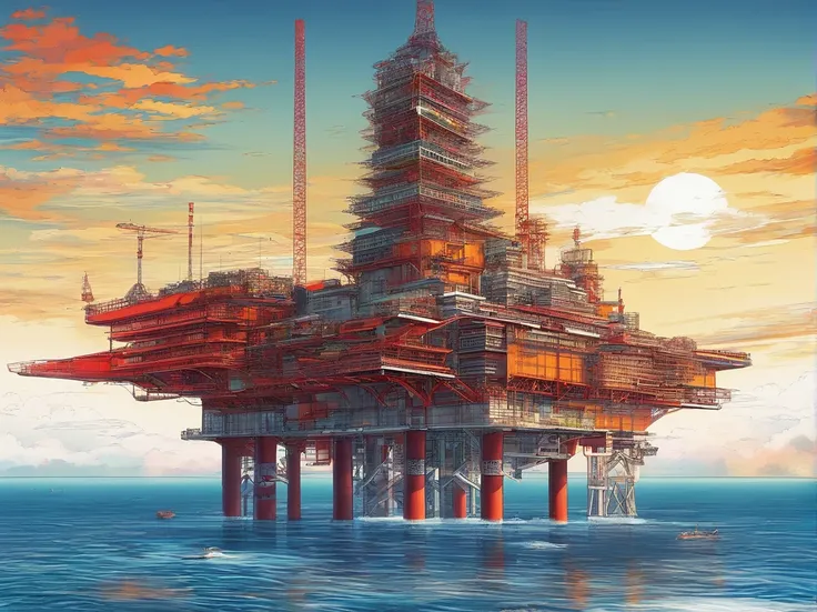 photorealestic，Haiji-1, A yellow offshore platform with a red structure on top is located at the surface of the sea, Panoramic view, and the sun was shining brightly, (Masterpiece)