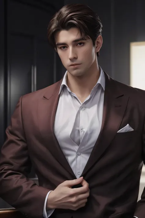 men with dark brown hair and his wearing close to dark chocolate red or brown suit with white long-sleeved