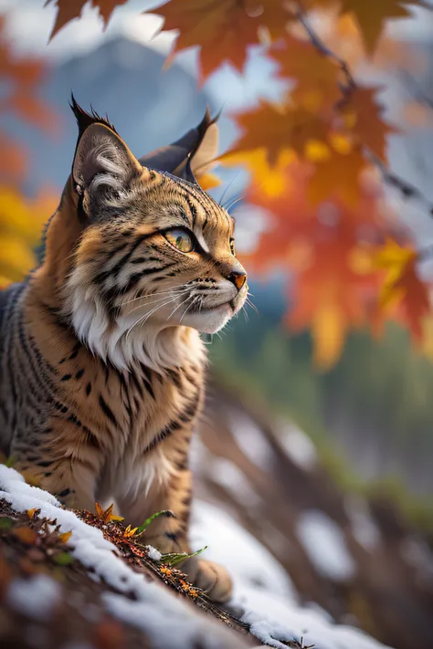 Norwegian forests (Tabby black, long hair, lynx ear) playing in maple leaves before a mountain, romantic landscape style (16k, best quality, Hdr, best resolution: 1.4, RAW photography) (centerpiece: 1.2), bokeh, realistic photography, Canon 5d