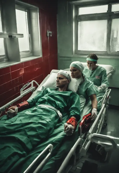 A Photograph of 2 hospital patients, 1 patient wearing red  band on wrist ,2 patient wearing green band on wrist ,inside the hospital room