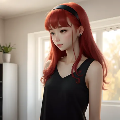 Black long straight，red hairband