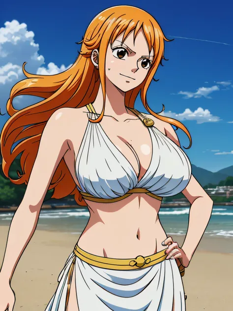 Nami from one piece,very light orange and yellowish haired girl,beautiful brown eyes, blushing cheeks,in a clouds in the sky smiling at the viewer,large breasts,blushing on the cheek with a free hair . She should be wearing a ancient greek clothes outfit.T...