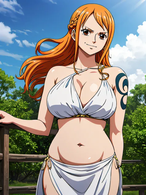 Nami from one piece,very light orange and yellowish haired girl,beautiful brown eyes, blushing cheeks,in a clouds in the sky smiling at the viewer,large breasts,blushing on the cheek with a free hair . She should be wearing a ancient greek clothes outfit.T...