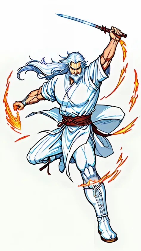 Digital illustration art，Heroes of ancient China，Has long white hair and a long beard，Handsome，thick white eyebrows, White robe and leather boots，(((Stepping on an iron sword)))，Big eyes，Super fit，kung fu pose，raiden，Greatwave，Fire，((starryskybackground))