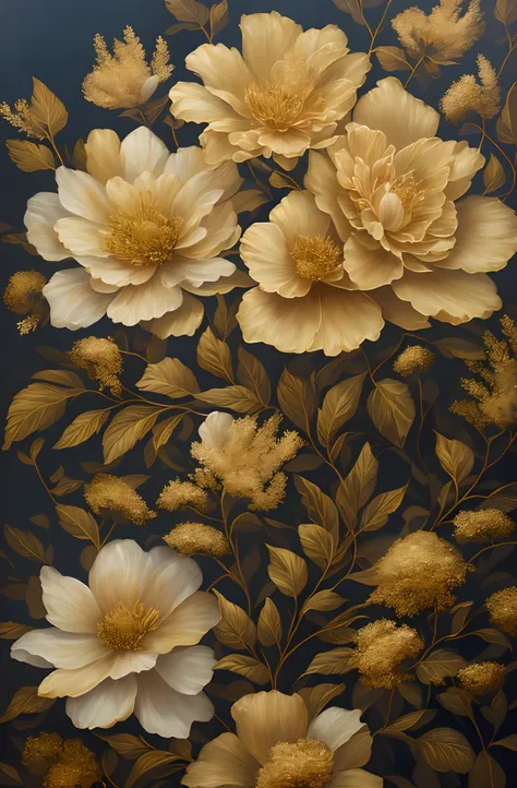 Theres a painting with only flowers，Theres a lot of flowers in it, Flores douradas, flores de ouro, flores e ouro,  a beautiful artwork illustration, flores detalhadas, pintura digital altamente detalhada,flores ornamentadas, floral ornamentado