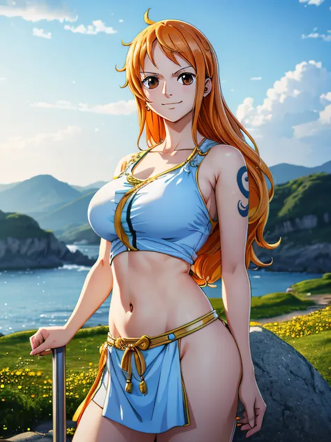 nami from one piece,very light orange and yellowish haired girl,beautiful brown eyes, blushing cheeks,in a clouds in the sky smi...