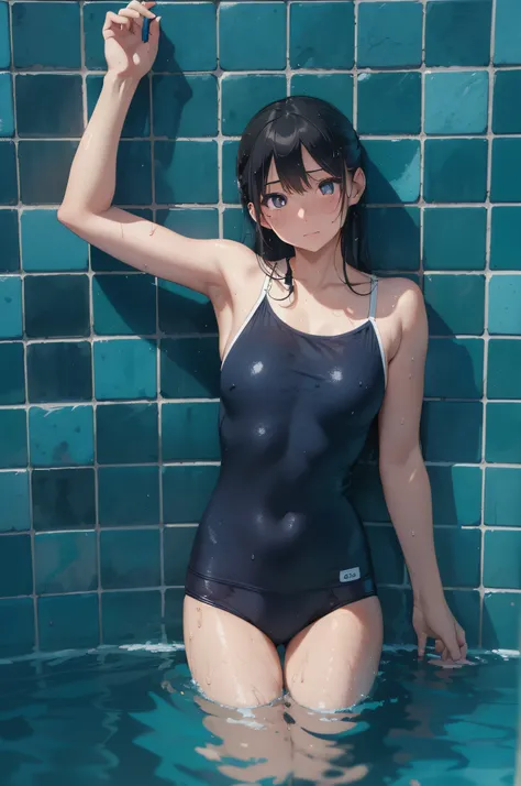 ((top-quality))、((​masterpiece))、1girl in、Formal-up、beautiful detailed eyes and face、pretty skin、Realistic、a very cute、22year old、School swim wear(Dark blue color、Simple design、Matte texture、Wrinkle、Wet、Polyester material、shadings、)Wet body、Anime Face、Beau...