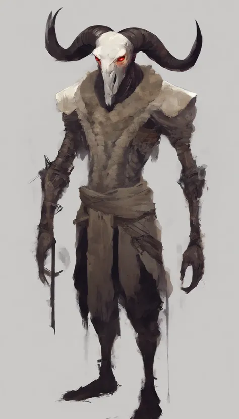 Humanoid Carneiro, male people, fullbody image, low, Have a childlike side, Sheeps foot, Medium horn, Although it looks sweet、It has a murderous appearance, Artistic drawing,