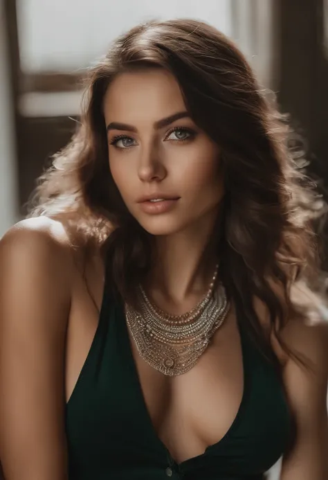 Profile of arafed woman with a white tank top and a necklace, sexy girl with green eyes, portrait sophie mudd, hispanic, brown hair and large eyes, selfie of a young woman, bedroom eyes, violet myers, without makeup, natural makeup, looking directly at the...