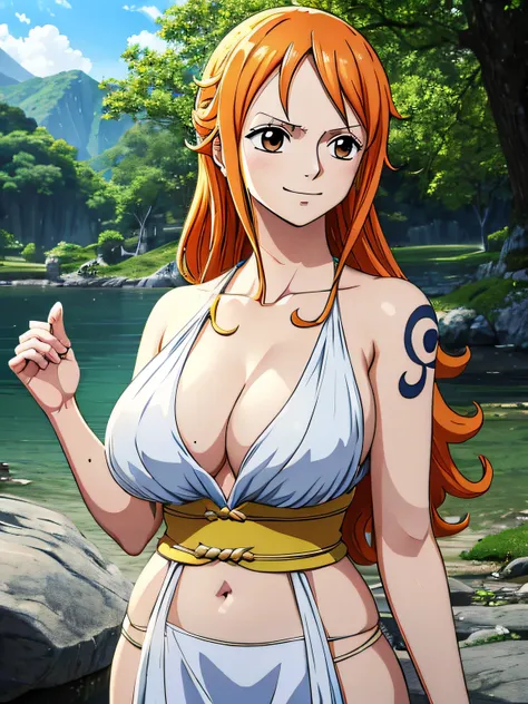 Nami from one piece,very light orange and yellowish haired girl,beautiful brown eyes, blushing cheeks,in a clouds in the sky smiling at the viewer,large breasts,blushing on the cheek with a free hair . She should be wearing a ancient greek clothes outfit.T...