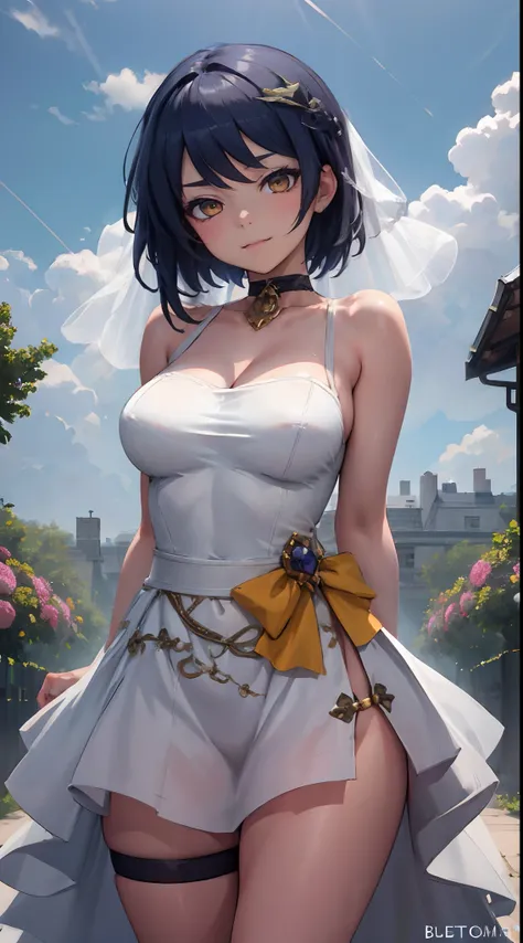 Kujou Sara| genshin impact, master-piece, bestquality, 1girls,25 years old, proportional body, proportional., Wedding Dresses, White Wedding Dress, Long skirt, mediuml breasts, ,bara, choker, Standing in the middle of a flower garden, outdoor, The sky is b...