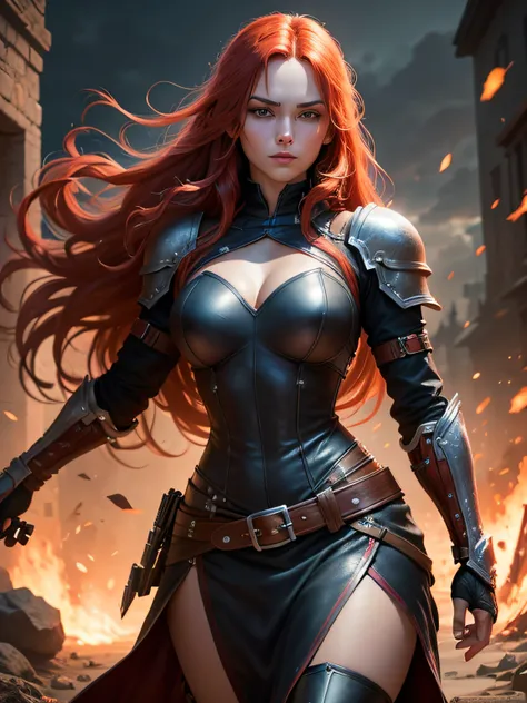 (best quality:1.2, ultra-detailed, photorealistic), rogue woman, revealing neckline, leather armor, long red hair in her twenties, illustration, vivid colors, dramatic lighting