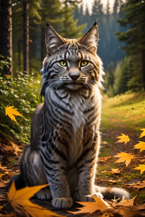 Norwegian forests (Tabby black, long hair, lynx ear) playing in maple leaves before a mountain, romantic landscape style (16k, best quality, Hdr, best resolution: 1.4, RAW photography) (centerpiece: 1.2), bokeh, realistic photography, Canon 5d