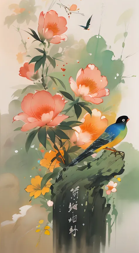 birds and flowers，[(White background:1.5)::5]，China-style，florals，flowers in full bloom，Flowers，green leaf，Colorful feathered birds，steins，rays of sunshine，an Chinese ink painting style，aquarelle，（light and shadow effect），（Movie lighting），（rendering by oct...