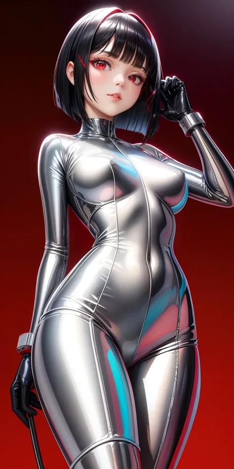 solo girl,Glossy metalic light silver wear, latex shiny, Red interpolation color,Black hair bob,red eyes