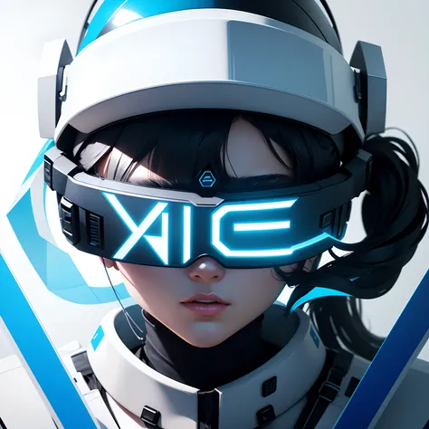 Ad for virtual reality, Techno Y2K aesthetic art with complex geometric 2D shapes, Designer Republic inspired, virtual reality helmet, morphing water, Futuristic text font, English text, shades of white and blue, light background, highly detailed, 4K.