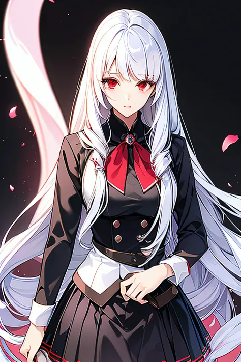 Silver_hair, long_hair, red_eyes, really_red_eyes, detailed_eyes, beautiful_eyes, 1girl, big_boobs, large_hips, big_thighs, dress, school_uniform, black_skirt