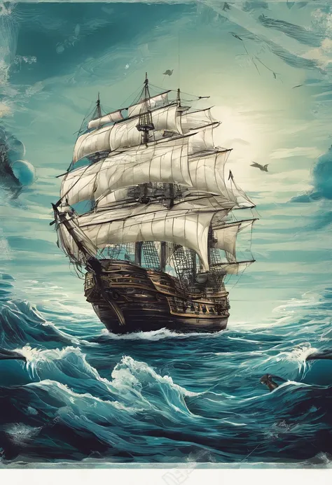 O Oceano，imagem de fundo，Pirate galleon at sea, a noite，starly sky