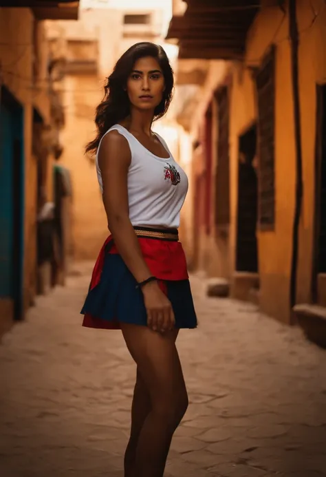 taekwondo woman wearing flip flops and mini skirt after beating a bad guy in a dark alley of an arabic country