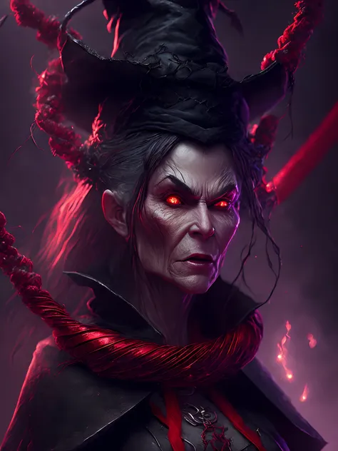 Close-up ( ugly witch with red rope from Marvel in Goth style: 1.3) emerging from the witches castle, extremely detailed, smoke, sparks, metal shavings, flying debris, volumetric light