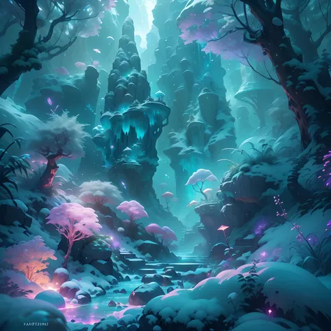 Fantastic snow and ice jungle，Many scattered crystal trees，Beautiful transparent flowers,Shine in the center，fanciful，Starskrim，cleanness，glimmering、Shines、magnifica、Verdant、Light、with light glowing，Magic pictures, dramatic  lighting, Foto realism, The ult...