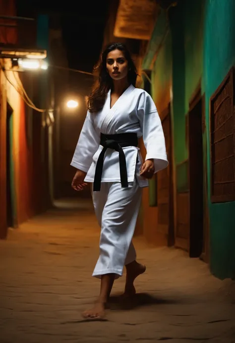 Taekwondo woman wearing flip-flops and miniskirt after beating a villain lying on the ground in a dark alley in an Arab country