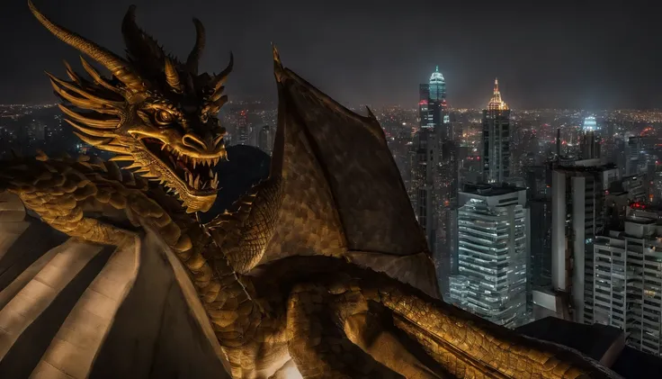 An epic and surreal vision of a giant dragon sleeping on top of an urban skyscraper. The dragon, com escamas imponentes e detalhadas, He is lying at rest on the tallest building in the city, with its sharp claws delicately resting on the edges of the build...