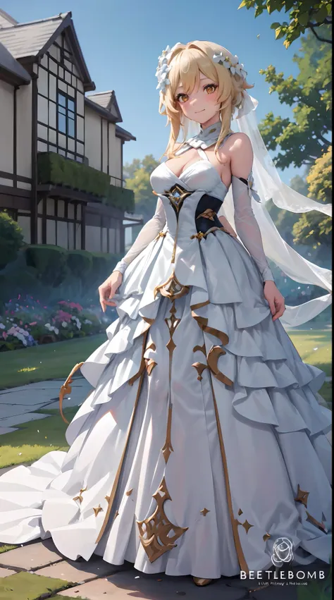 Lumine | genshin impact, master-piece, bestquality, 1girls,25 years old, proportional body, proportional., Wedding Dresses, White Wedding Dress, Long skirt, wedding, mediuml breasts, ,bara, Standing in the middle of a flower garden, outdoor, wedding, The s...