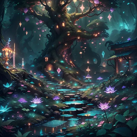 Fantastic snow and ice jungle，Many scattered crystal trees、Accessories、Shine in the center，Beautiful transparent flowers, Transparent colorful wings, The wand flutters in the wind､The wand flashed with starlight，Golden wand，transparent feathers，fanciful、St...