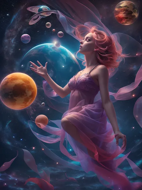 [a woman] flotation through space with translucent alien fish and planets in background,Size: 512x512, hypermaximalist, realistic, dynamic pose, photography, 8k, intricate, color graded, dynamic lighting --auto --s2