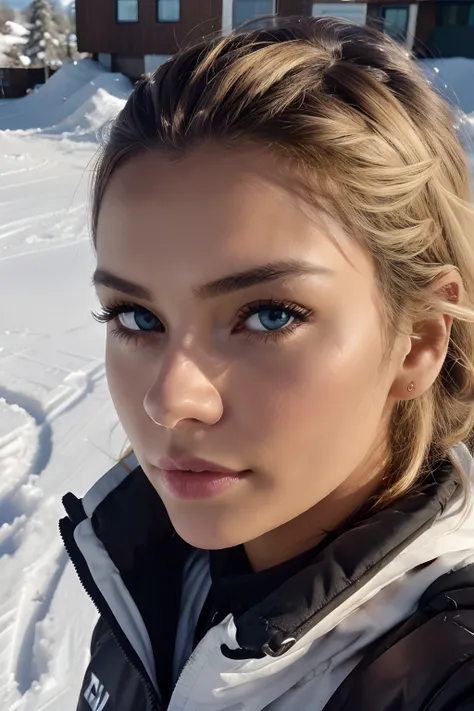 (selfie shot, from above: 1.4), (((Jesika Radoslav))), (full-body portrait: 1.4), 24-year-old blonde, ((blonde)), (blue-eyed woman) posing on the ski slopes, outside of a swiss chalet, RAW uhd portrait photo, natural breast_b, (ski outfit), (crack), detail...