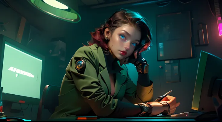 high resolution images, Cinematic lighting, cinematic texture, Cowboy Shot, Look at the viewer, Shoot head-on, (17-year-old woman in a dark green suit reminiscent of 1950s film noir:1.5), hyperdetailed face, Beautiful face, kawaii faces, Red hair, Wearing ...