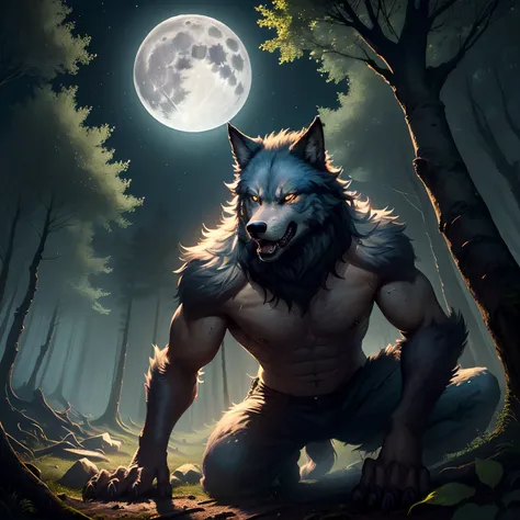 an angry werewolf in the woods, with a full moon reflecting on the trees