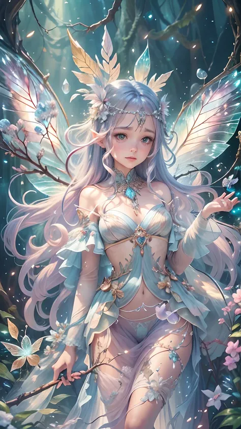 Fantastic snow and ice jungle，Many scattered crystal trees、Accessories、Shine in the center，Beautiful transparent flower fairy, Transparent colorful wings, The wand flutters in the wind､The wand flashed with starlight，Golden wand，transparent feathers，fancif...