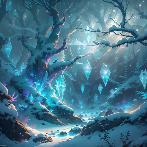 Fantastic snow and ice jungle，Many scattered crystal trees、Accessories、Shine in the center，fanciful、Starskrim、cleanness，glimmering、Shines、magnifica、Verdant、Light、with light glowing，Magic pictures, dramatic  lighting, Foto realism, The ultra-detailliert, 4K...