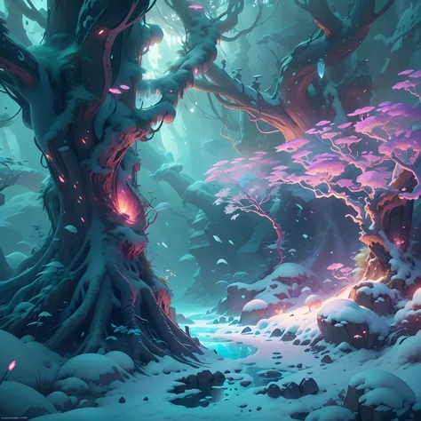 Fantastic snow and ice jungle，Many scattered crystal trees、Accessories、Shine in the center，fanciful、Starskrim、cleanness，glimmering、Shines、magnifica、Verdant、Light、with light glowing，Magic pictures, dramatic  lighting, Foto realism, The ultra-detailliert, 4K...