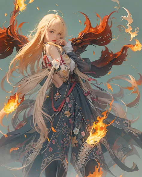 1girl, bangs, breathing fire, burning, burnt clothes, embers, ahoge, beige hair, multicolored hair, fire, flame, flaming sword, (hand on hilt), standing, long hair,  pyrokinesis, expressionless, smoke, flower(symbol),  solo, sparks, sunset, twilight, white...